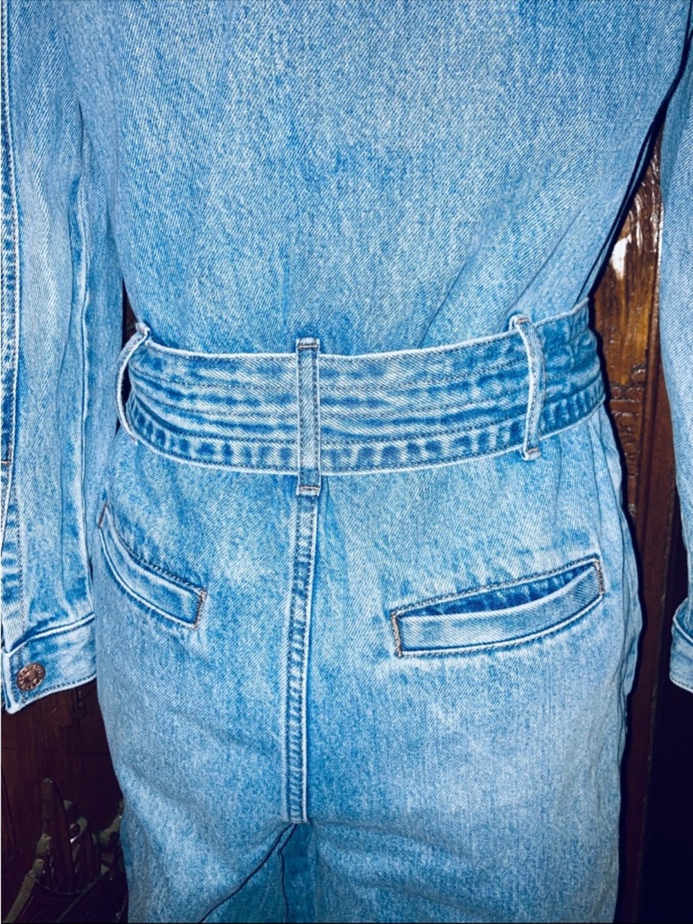 EXPRESS Y2K Retro Medium Wash Denim Jumpsuit with Tie Belt - Picture 7 of 11